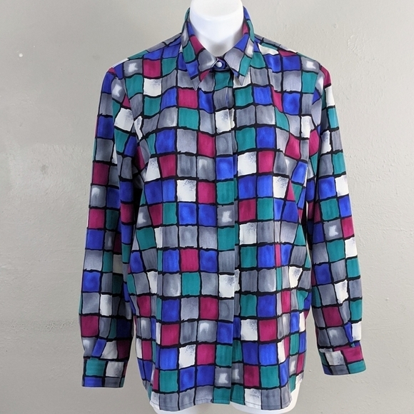 VTG Window Pane Multicolor Watercolor Button Up Long Sleeve Top - Picture 1 of 9